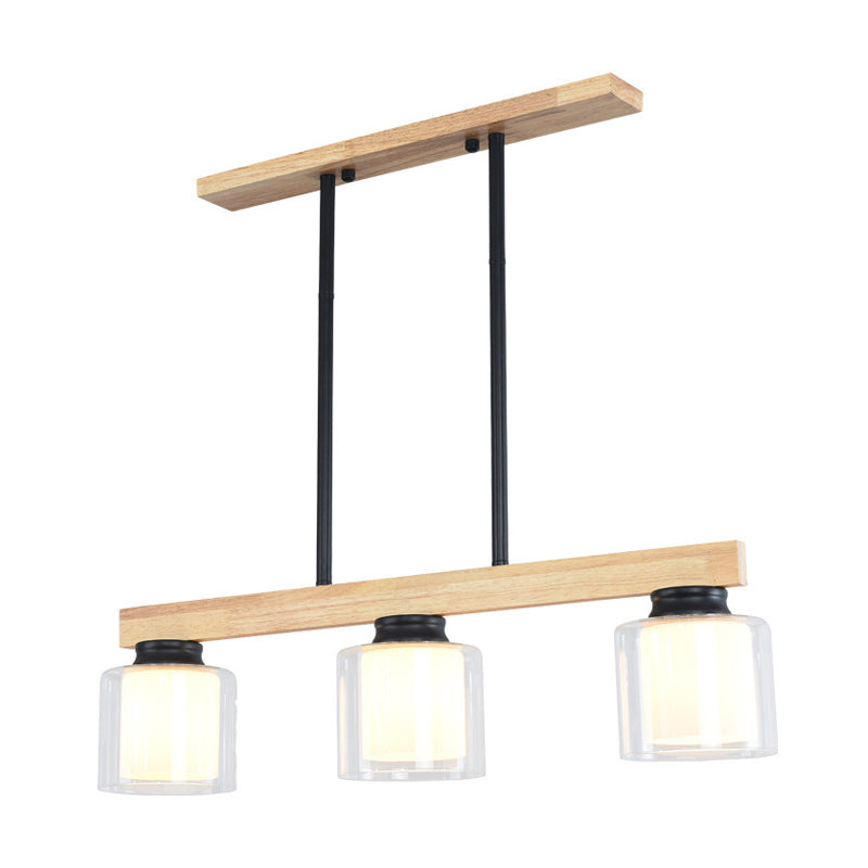 Double Glass Cylinder Shade Island Lighting Restaurant 3/4-Head Nordic Wooden Linear Pendant in White Clearhalo 'Ceiling Lights' 'Island Lights' Lighting' 1872610