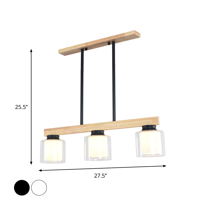 Double Glass Cylinder Shade Island Lighting Restaurant 3/4-Head Nordic Wooden Linear Pendant in White Clearhalo 'Ceiling Lights' 'Island Lights' Lighting' 1872611