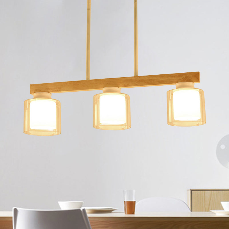 Double Glass Cylinder Shade Island Lighting Restaurant 3/4-Head Nordic Wooden Linear Pendant in White 3 White Clearhalo 'Ceiling Lights' 'Island Lights' Lighting' 1872612