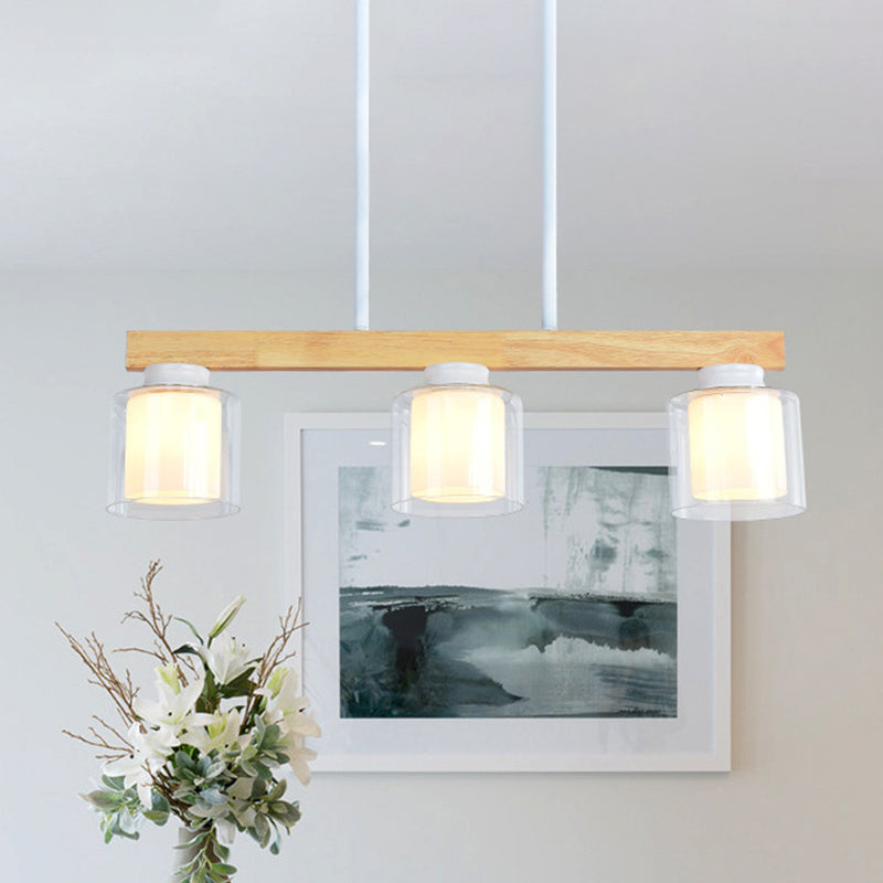 Double Glass Cylinder Shade Island Lighting Restaurant 3/4-Head Nordic Wooden Linear Pendant in White Clearhalo 'Ceiling Lights' 'Island Lights' Lighting' 1872613