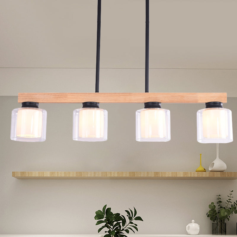 Double Glass Cylinder Shade Island Lighting Restaurant 3/4-Head Nordic Wooden Linear Pendant in White 4 Black Clearhalo 'Ceiling Lights' 'Island Lights' Lighting' 1872616