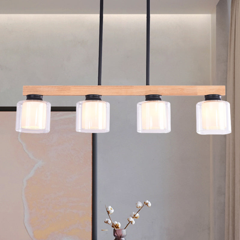 Double Glass Cylinder Shade Island Lighting Restaurant 3/4-Head Nordic Wooden Linear Pendant in White Clearhalo 'Ceiling Lights' 'Island Lights' Lighting' 1872617