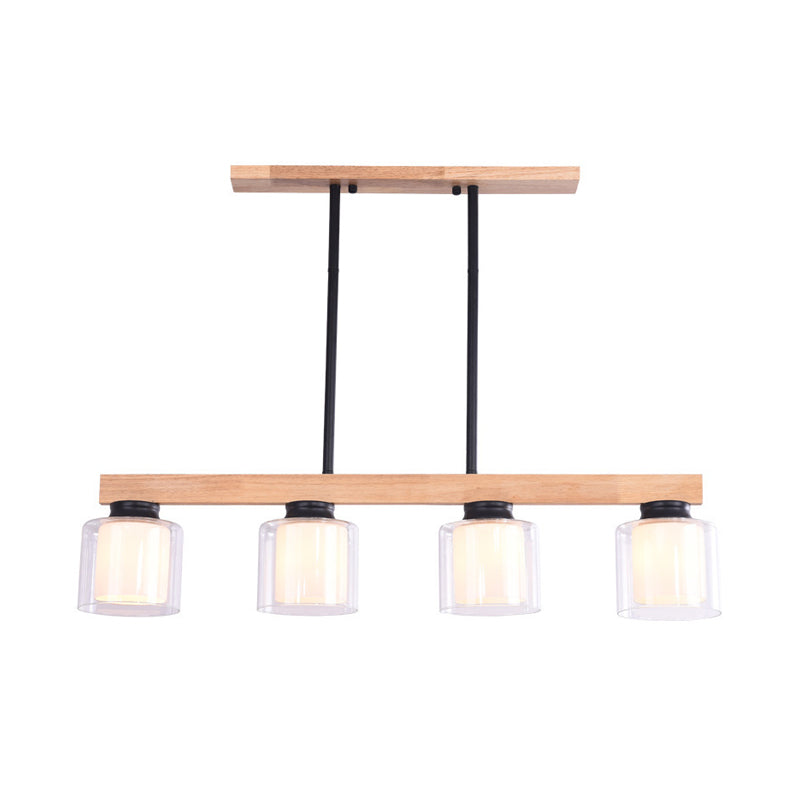 Double Glass Cylinder Shade Island Lighting Restaurant 3/4-Head Nordic Wooden Linear Pendant in White Clearhalo 'Ceiling Lights' 'Island Lights' Lighting' 1872619