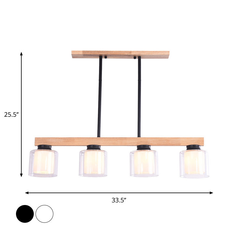 Double Glass Cylinder Shade Island Lighting Restaurant 3/4-Head Nordic Wooden Linear Pendant in White Clearhalo 'Ceiling Lights' 'Island Lights' Lighting' 1872620