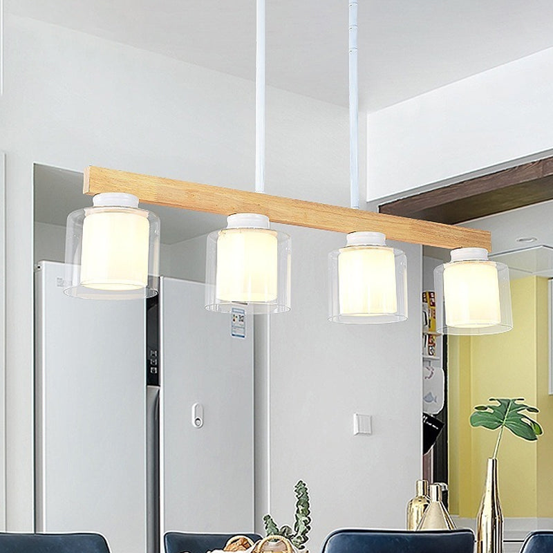 Double Glass Cylinder Shade Island Lighting Restaurant 3/4-Head Nordic Wooden Linear Pendant in White 4 White Clearhalo 'Ceiling Lights' 'Island Lights' Lighting' 1872621