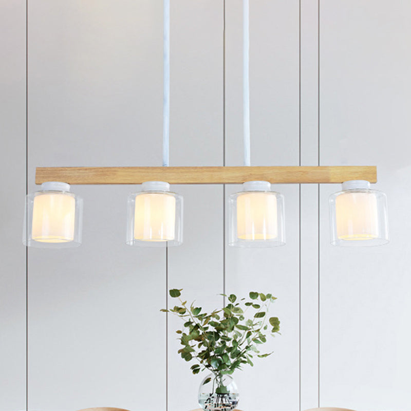 Double Glass Cylinder Shade Island Lighting Restaurant 3/4-Head Nordic Wooden Linear Pendant in White Clearhalo 'Ceiling Lights' 'Island Lights' Lighting' 1872622