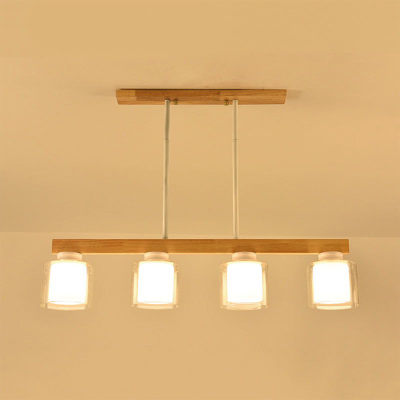 Double Glass Cylinder Shade Island Lighting Restaurant 3/4-Head Nordic Wooden Linear Pendant in White Clearhalo 'Ceiling Lights' 'Island Lights' Lighting' 1872623