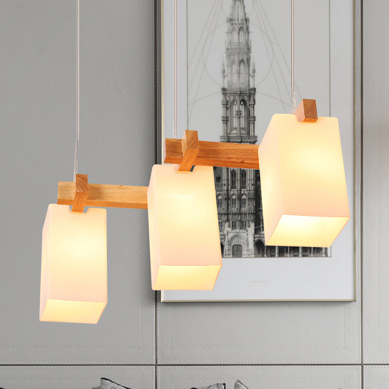 Glass Rectangle Shade Linear Chandelier Restaurant Triple Light Nordic Wooden Island Lighting in White Wood Clearhalo 'Ceiling Lights' 'Island Lights' Lighting' 1872625