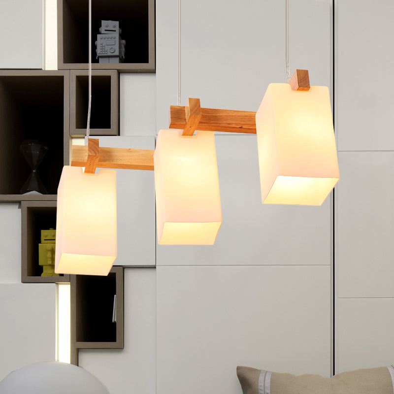 Glass Rectangle Shade Linear Chandelier Restaurant Triple Light Nordic Wooden Island Lighting in White Clearhalo 'Ceiling Lights' 'Island Lights' Lighting' 1872626