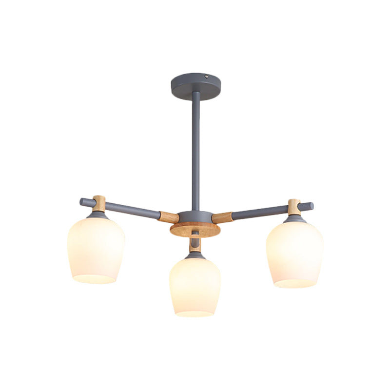 Urn Shade Living Room Hanging Light Fixture Wooden 3/6 Lights Nordic Style Chandelier in Green/Gray/White Clearhalo 'Ceiling Lights' 'Chandeliers' 'Glass shade' 'Glass' 'Modern Chandeliers' 'Modern' Lighting' 1872647