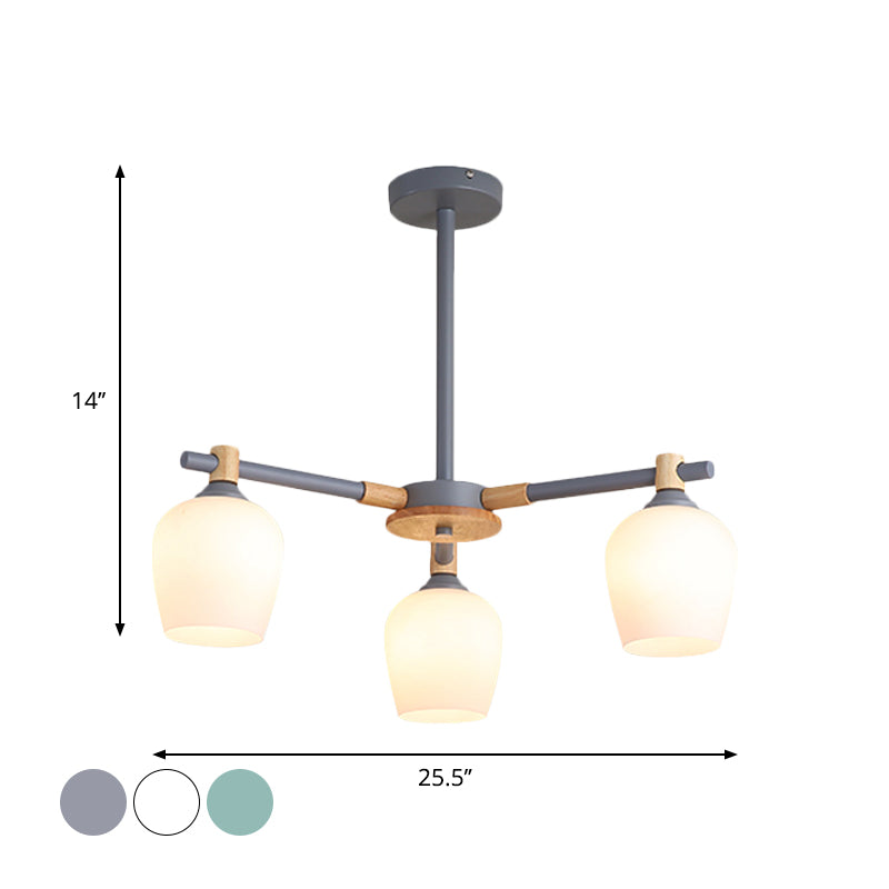 Urn Shade Living Room Hanging Light Fixture Wooden 3/6 Lights Nordic Style Chandelier in Green/Gray/White Clearhalo 'Ceiling Lights' 'Chandeliers' 'Glass shade' 'Glass' 'Modern Chandeliers' 'Modern' Lighting' 1872648