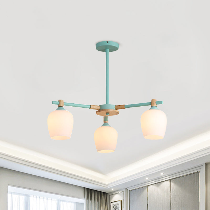 Urn Shade Living Room Hanging Light Fixture Wooden 3/6 Lights Nordic Style Chandelier in Green/Gray/White 3 Green Clearhalo 'Ceiling Lights' 'Chandeliers' 'Glass shade' 'Glass' 'Modern Chandeliers' 'Modern' Lighting' 1872653