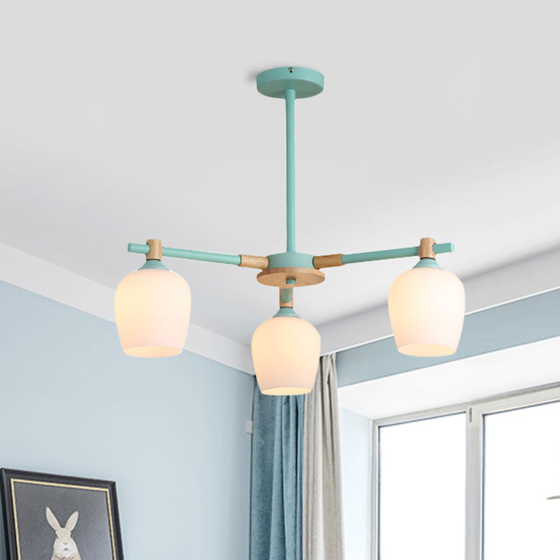 Urn Shade Living Room Hanging Light Fixture Wooden 3/6 Lights Nordic Style Chandelier in Green/Gray/White Clearhalo 'Ceiling Lights' 'Chandeliers' 'Glass shade' 'Glass' 'Modern Chandeliers' 'Modern' Lighting' 1872655