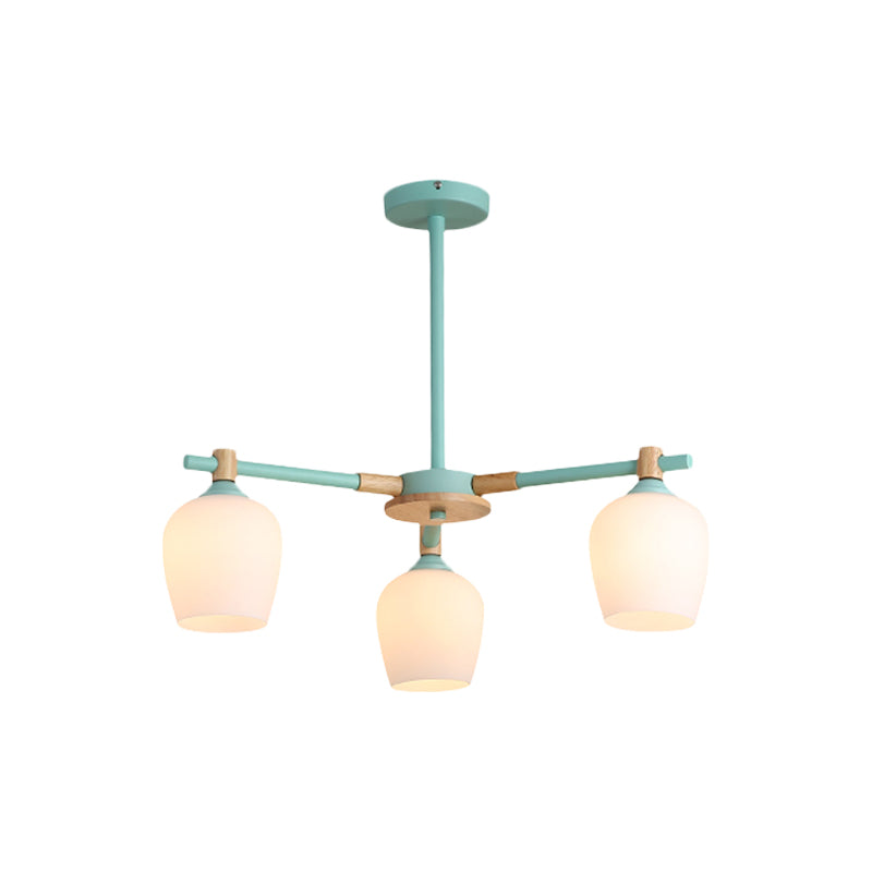 Urn Shade Living Room Hanging Light Fixture Wooden 3/6 Lights Nordic Style Chandelier in Green/Gray/White Clearhalo 'Ceiling Lights' 'Chandeliers' 'Glass shade' 'Glass' 'Modern Chandeliers' 'Modern' Lighting' 1872656