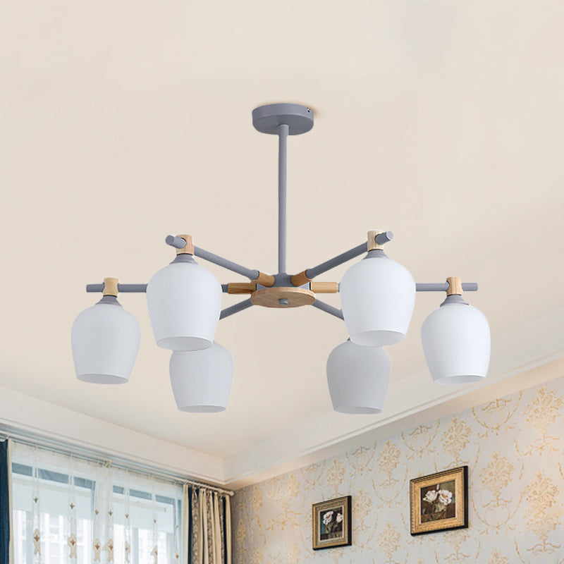 Urn Shade Living Room Hanging Light Fixture Wooden 3/6 Lights Nordic Style Chandelier in Green/Gray/White 6 Grey Clearhalo 'Ceiling Lights' 'Chandeliers' 'Glass shade' 'Glass' 'Modern Chandeliers' 'Modern' Lighting' 1872657