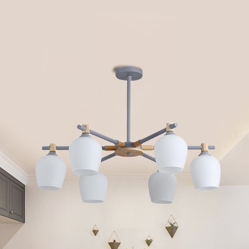 Urn Shade Living Room Hanging Light Fixture Wooden 3/6 Lights Nordic Style Chandelier in Green/Gray/White Clearhalo 'Ceiling Lights' 'Chandeliers' 'Glass shade' 'Glass' 'Modern Chandeliers' 'Modern' Lighting' 1872658