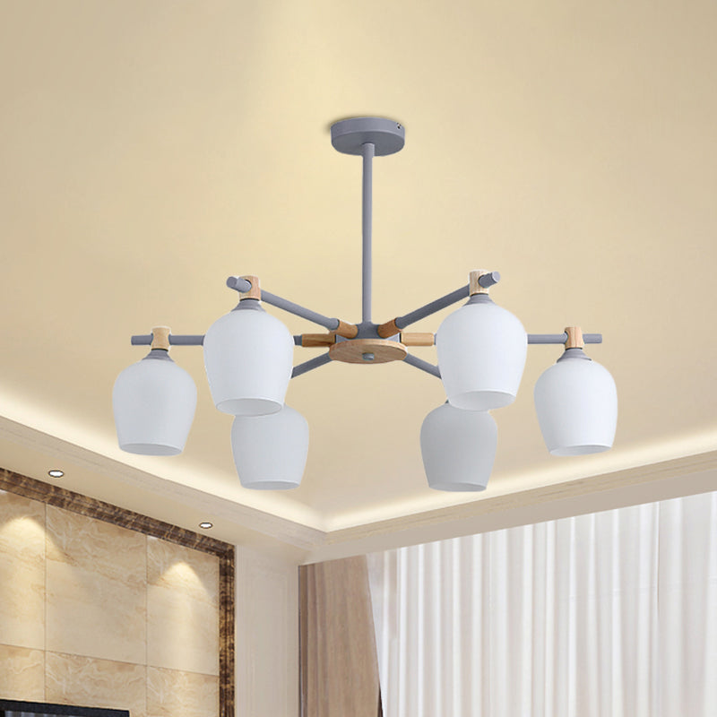 Urn Shade Living Room Hanging Light Fixture Wooden 3/6 Lights Nordic Style Chandelier in Green/Gray/White Clearhalo 'Ceiling Lights' 'Chandeliers' 'Glass shade' 'Glass' 'Modern Chandeliers' 'Modern' Lighting' 1872659