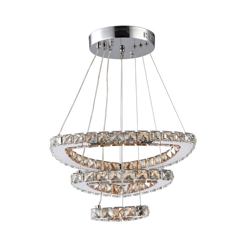 3-Tier LED Chandelier Light Fixture Contemporary Crystal Chrome Drop Pendant in Third Gear for Restaurant Clearhalo 'Ceiling Lights' 'Chandeliers' 'Modern Chandeliers' 'Modern' Lighting' 187266