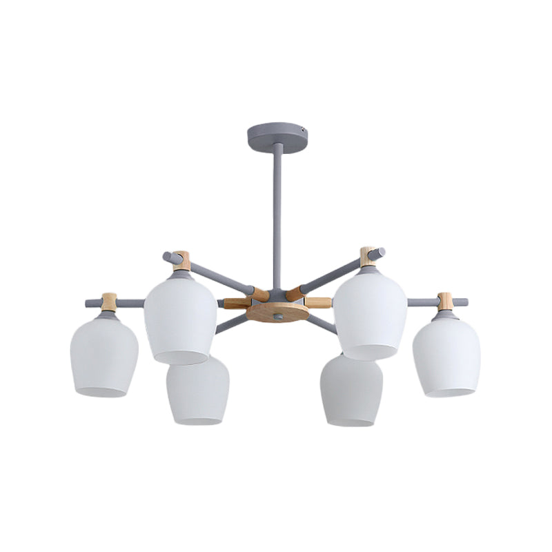 Urn Shade Living Room Hanging Light Fixture Wooden 3/6 Lights Nordic Style Chandelier in Green/Gray/White Clearhalo 'Ceiling Lights' 'Chandeliers' 'Glass shade' 'Glass' 'Modern Chandeliers' 'Modern' Lighting' 1872660