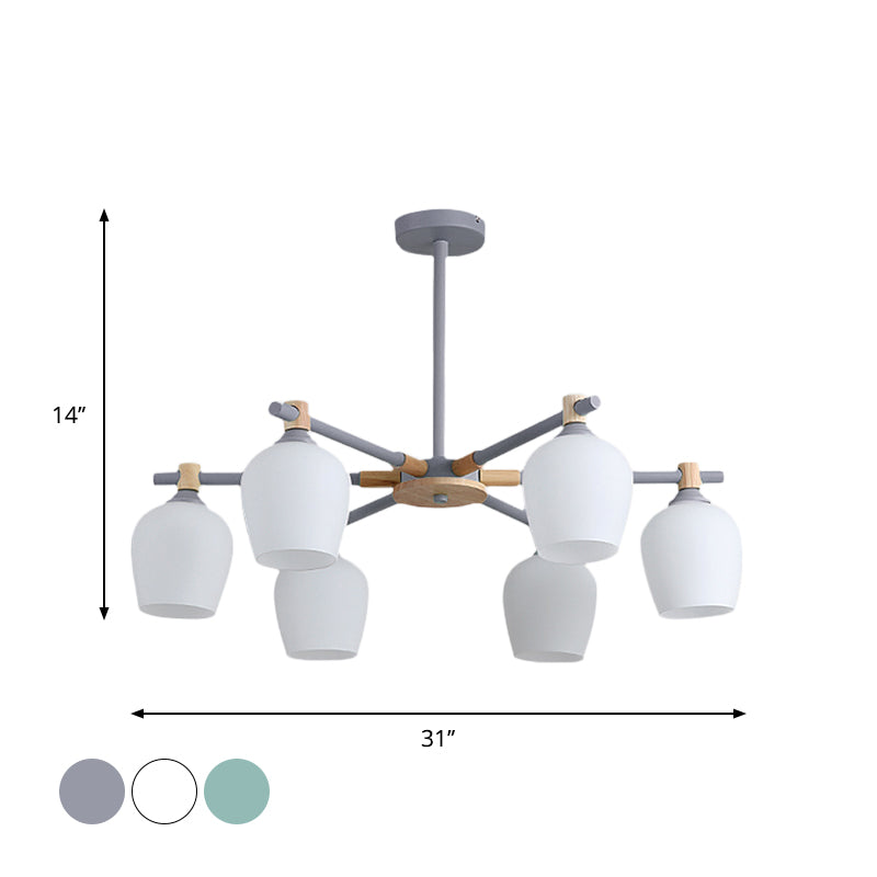 Urn Shade Living Room Hanging Light Fixture Wooden 3/6 Lights Nordic Style Chandelier in Green/Gray/White Clearhalo 'Ceiling Lights' 'Chandeliers' 'Glass shade' 'Glass' 'Modern Chandeliers' 'Modern' Lighting' 1872661