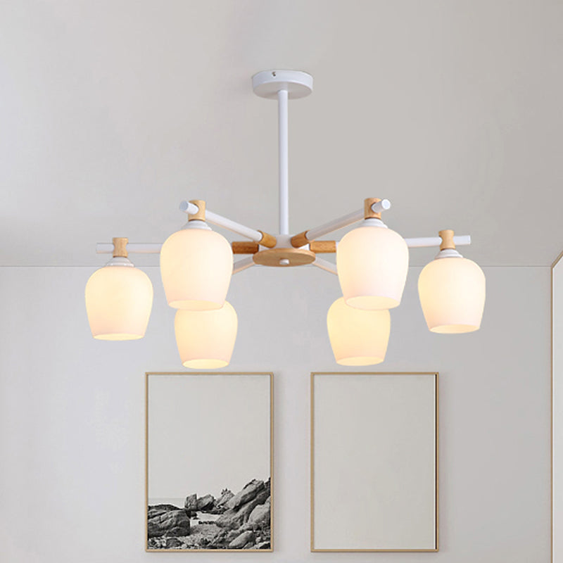 Urn Shade Living Room Hanging Light Fixture Wooden 3/6 Lights Nordic Style Chandelier in Green/Gray/White Clearhalo 'Ceiling Lights' 'Chandeliers' 'Glass shade' 'Glass' 'Modern Chandeliers' 'Modern' Lighting' 1872663