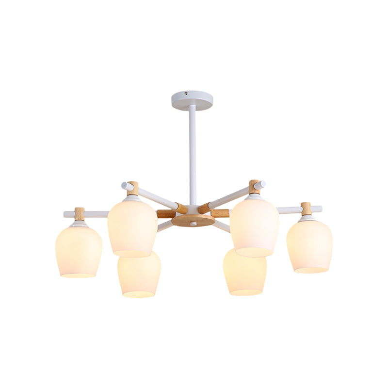 Urn Shade Living Room Hanging Light Fixture Wooden 3/6 Lights Nordic Style Chandelier in Green/Gray/White Clearhalo 'Ceiling Lights' 'Chandeliers' 'Glass shade' 'Glass' 'Modern Chandeliers' 'Modern' Lighting' 1872664