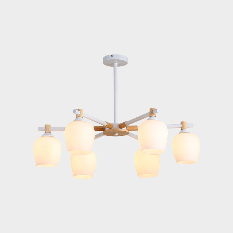 Urn Shade Living Room Hanging Light Fixture Wooden 3/6 Lights Nordic Style Chandelier in Green/Gray/White Clearhalo 'Ceiling Lights' 'Chandeliers' 'Glass shade' 'Glass' 'Modern Chandeliers' 'Modern' Lighting' 1872665