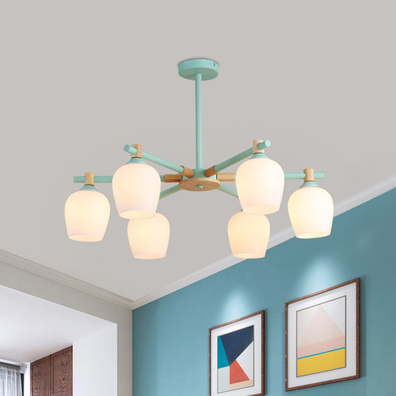 Urn Shade Living Room Hanging Light Fixture Wooden 3/6 Lights Nordic Style Chandelier in Green/Gray/White 6 Green Clearhalo 'Ceiling Lights' 'Chandeliers' 'Glass shade' 'Glass' 'Modern Chandeliers' 'Modern' Lighting' 1872666