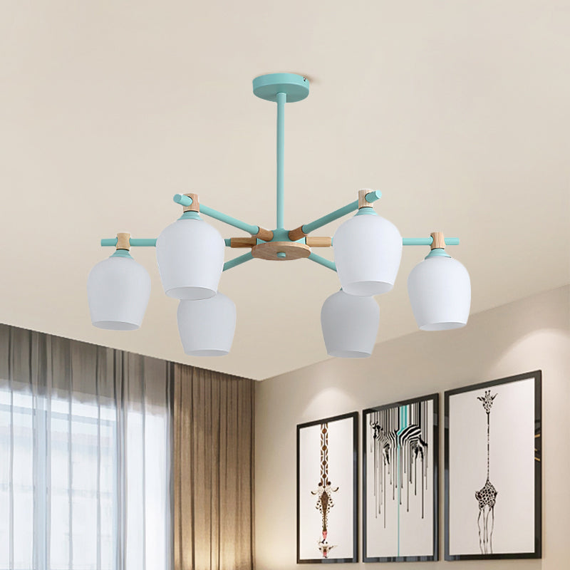 Urn Shade Living Room Hanging Light Fixture Wooden 3/6 Lights Nordic Style Chandelier in Green/Gray/White Clearhalo 'Ceiling Lights' 'Chandeliers' 'Glass shade' 'Glass' 'Modern Chandeliers' 'Modern' Lighting' 1872667