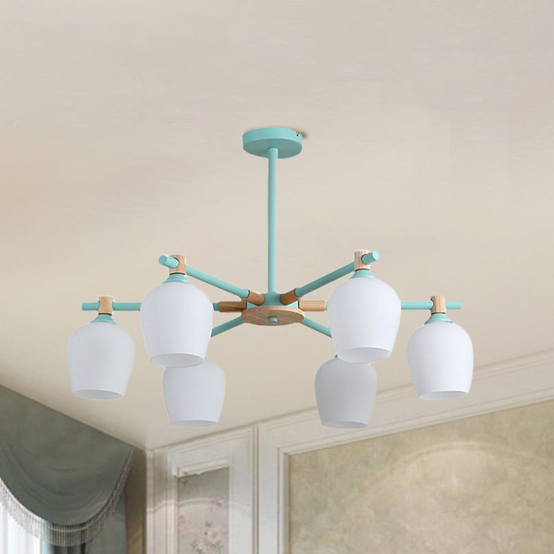 Urn Shade Living Room Hanging Light Fixture Wooden 3/6 Lights Nordic Style Chandelier in Green/Gray/White Clearhalo 'Ceiling Lights' 'Chandeliers' 'Glass shade' 'Glass' 'Modern Chandeliers' 'Modern' Lighting' 1872668