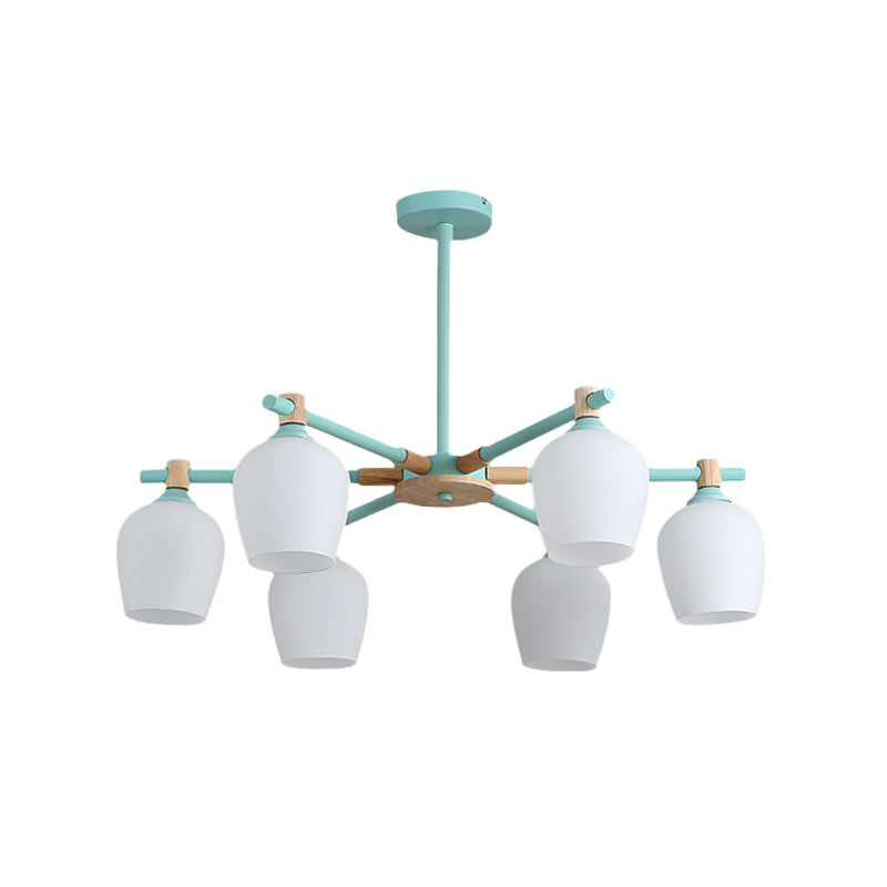 Urn Shade Living Room Hanging Light Fixture Wooden 3/6 Lights Nordic Style Chandelier in Green/Gray/White Clearhalo 'Ceiling Lights' 'Chandeliers' 'Glass shade' 'Glass' 'Modern Chandeliers' 'Modern' Lighting' 1872669