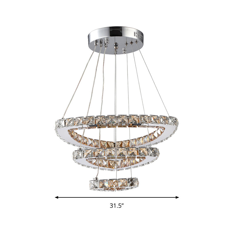 3-Tier LED Chandelier Light Fixture Contemporary Crystal Chrome Drop Pendant in Third Gear for Restaurant Clearhalo 'Ceiling Lights' 'Chandeliers' 'Modern Chandeliers' 'Modern' Lighting' 187267