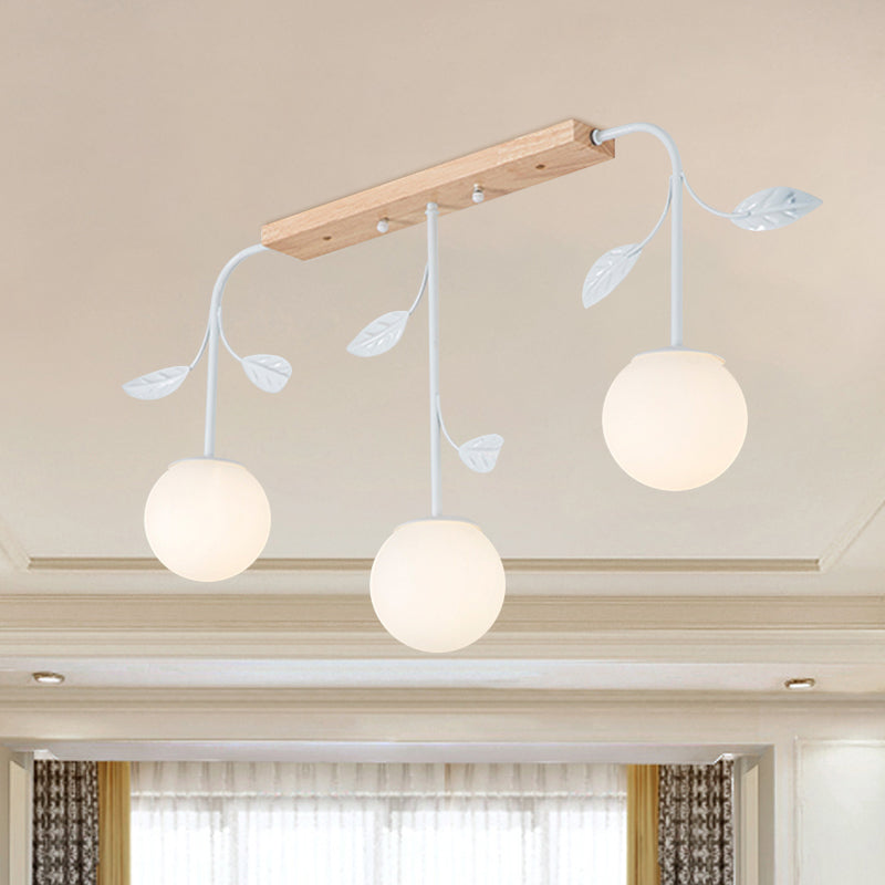 3/5 Lights Orb Island Light Modern Simple Milky Glass Ceiling Lamp with Wooden Canopy 3 Wood Clearhalo 'Ceiling Lights' 'Island Lights' Lighting' 1872670