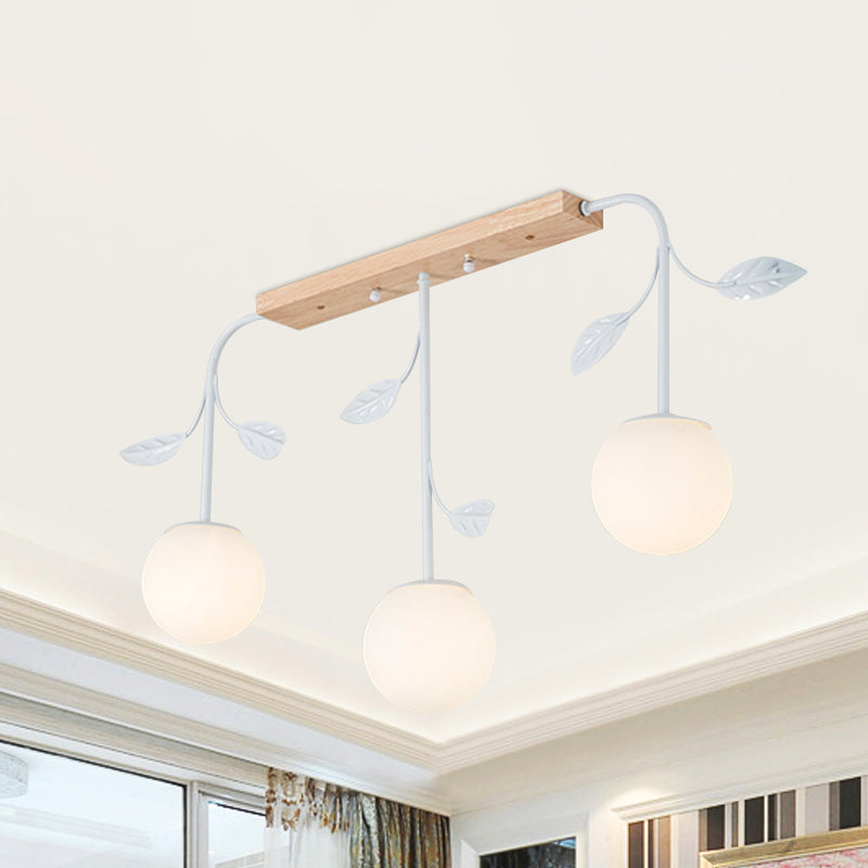 3/5 Lights Orb Island Light Modern Simple Milky Glass Ceiling Lamp with Wooden Canopy Clearhalo 'Ceiling Lights' 'Island Lights' Lighting' 1872671