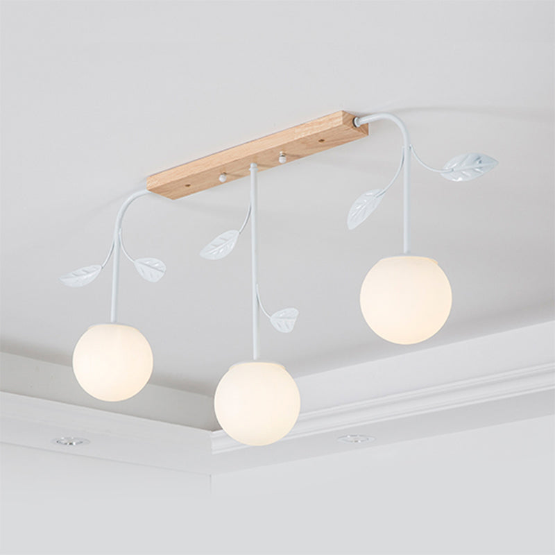 3/5 Lights Orb Island Light Modern Simple Milky Glass Ceiling Lamp with Wooden Canopy Clearhalo 'Ceiling Lights' 'Island Lights' Lighting' 1872672