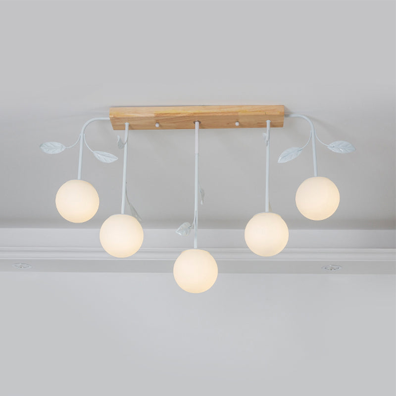 3/5 Lights Orb Island Light Modern Simple Milky Glass Ceiling Lamp with Wooden Canopy Clearhalo 'Ceiling Lights' 'Island Lights' Lighting' 1872676