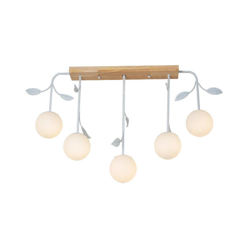 3/5 Lights Orb Island Light Modern Simple Milky Glass Ceiling Lamp with Wooden Canopy Clearhalo 'Ceiling Lights' 'Island Lights' Lighting' 1872677