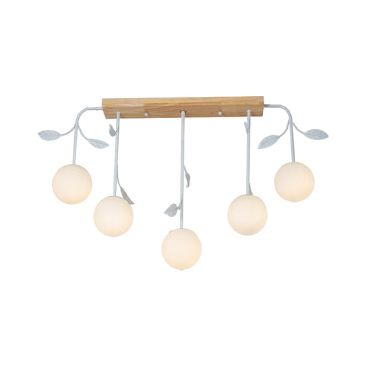 3/5 Lights Orb Island Light Modern Simple Milky Glass Ceiling Lamp with Wooden Canopy Clearhalo 'Ceiling Lights' 'Island Lights' Lighting' 1872677