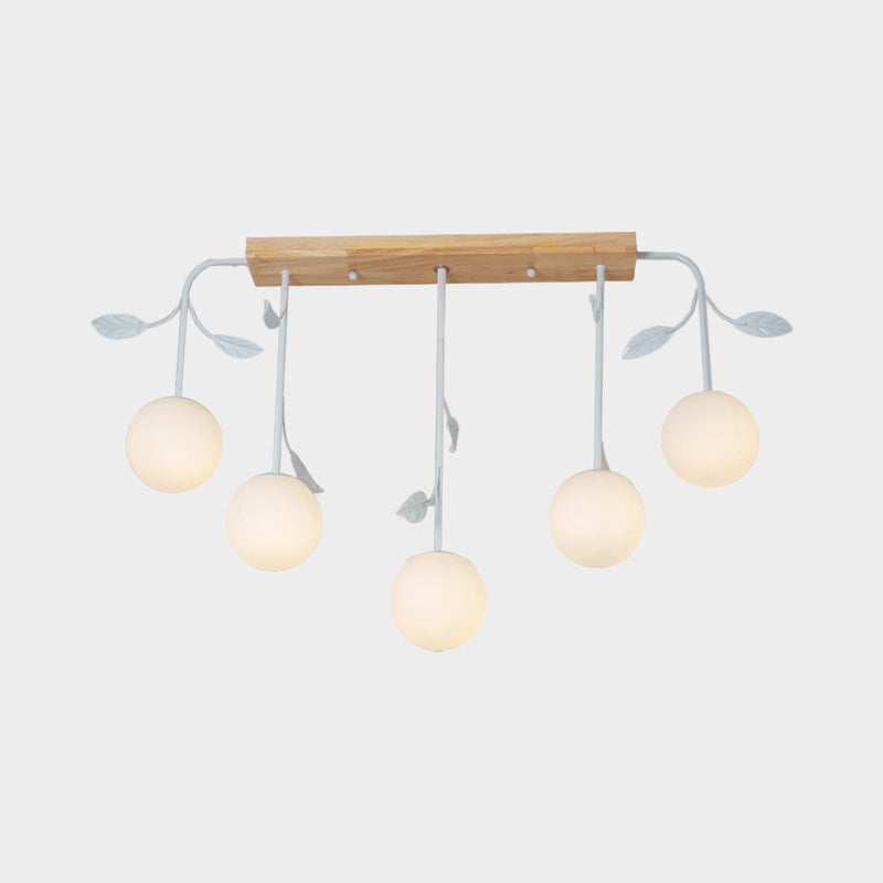 3/5 Lights Orb Island Light Modern Simple Milky Glass Ceiling Lamp with Wooden Canopy Clearhalo 'Ceiling Lights' 'Island Lights' Lighting' 1872678