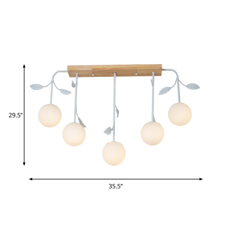 3/5 Lights Orb Island Light Modern Simple Milky Glass Ceiling Lamp with Wooden Canopy Clearhalo 'Ceiling Lights' 'Island Lights' Lighting' 1872679