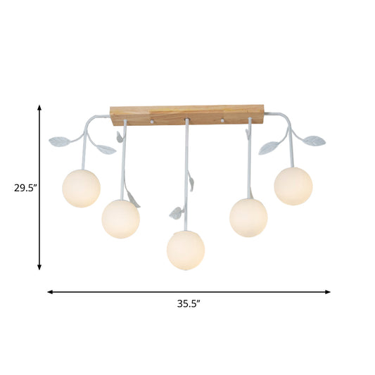 3/5 Lights Orb Island Light Modern Simple Milky Glass Ceiling Lamp with Wooden Canopy Clearhalo 'Ceiling Lights' 'Island Lights' Lighting' 1872679