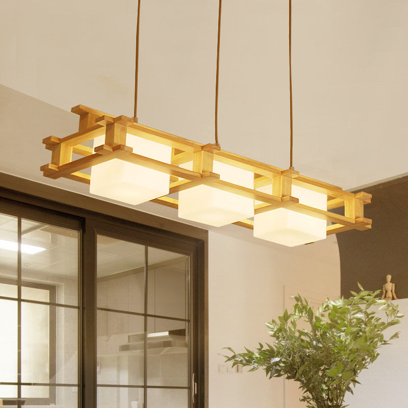 Wooden Frame Square Shade Linear Pendant 3-Light Nordic Island Light Fixture over Dining Table Wood Clearhalo 'Ceiling Lights' 'Island Lights' Lighting' 1872680