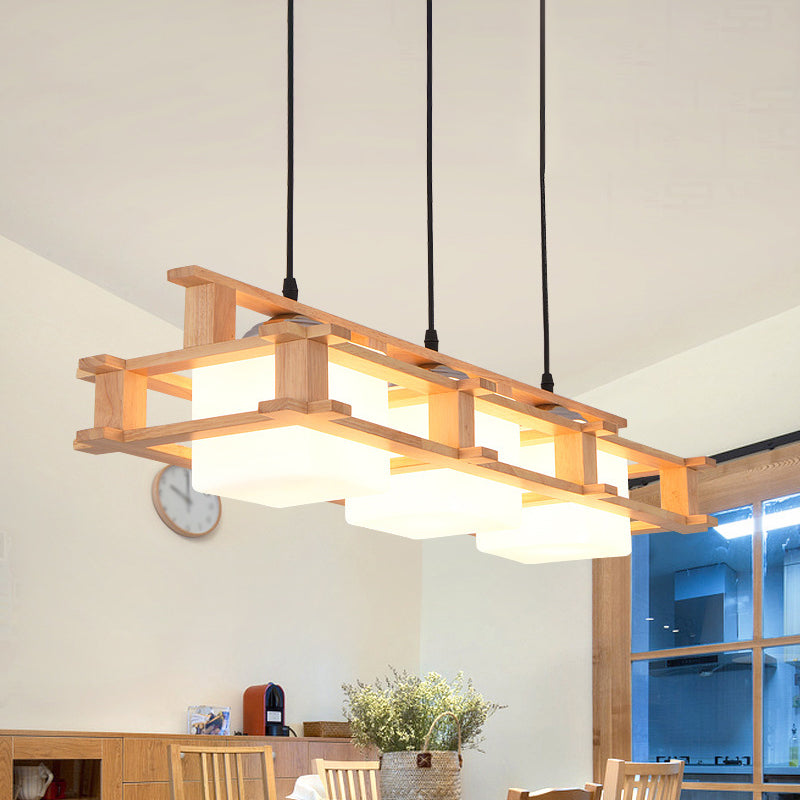 Wooden Frame Square Shade Linear Pendant 3-Light Nordic Island Light Fixture over Dining Table Clearhalo 'Ceiling Lights' 'Island Lights' Lighting' 1872681