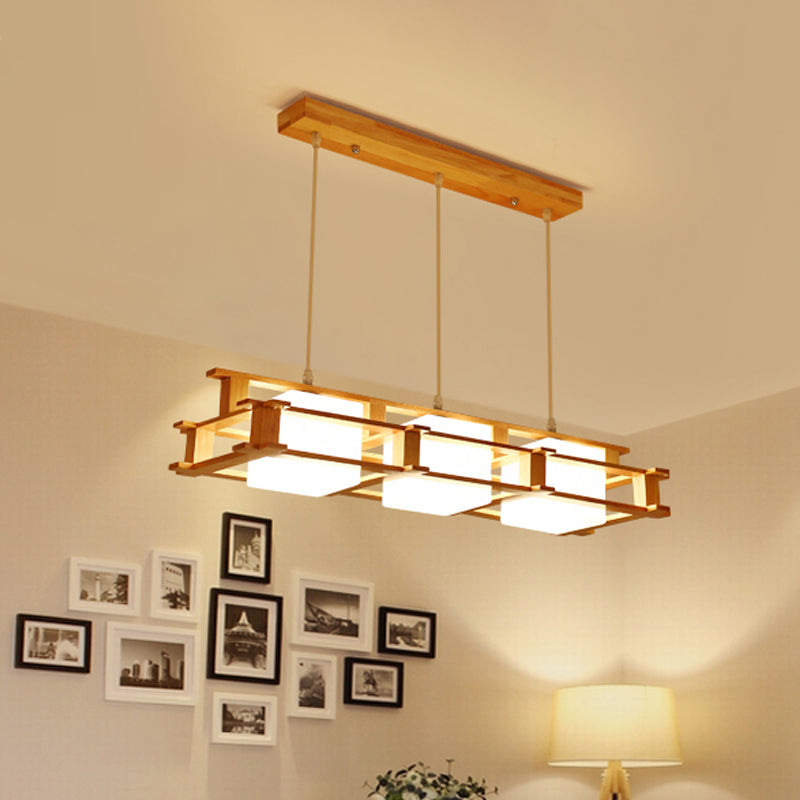 Wooden Frame Square Shade Linear Pendant 3-Light Nordic Island Light Fixture over Dining Table Clearhalo 'Ceiling Lights' 'Island Lights' Lighting' 1872682