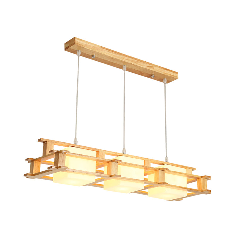 Wooden Frame Square Shade Linear Pendant 3-Light Nordic Island Light Fixture over Dining Table Clearhalo 'Ceiling Lights' 'Island Lights' Lighting' 1872683