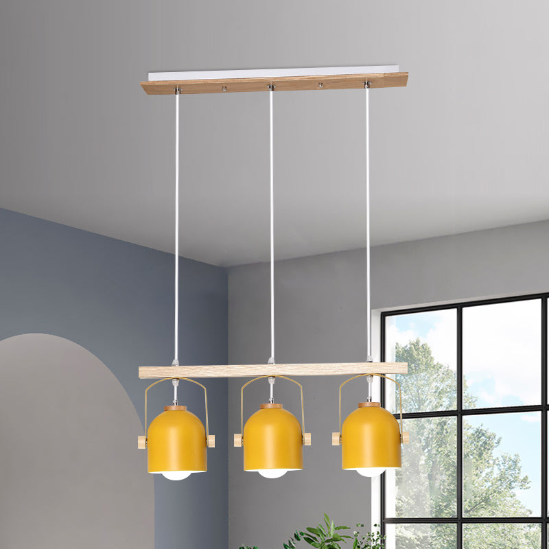 Nordic Style Dome Island Light 3/4 Lights Wooden Chandelier Lighting with Metal Shade 3 Yellow Clearhalo 'Ceiling Lights' 'Island Lights' Lighting' 1872873