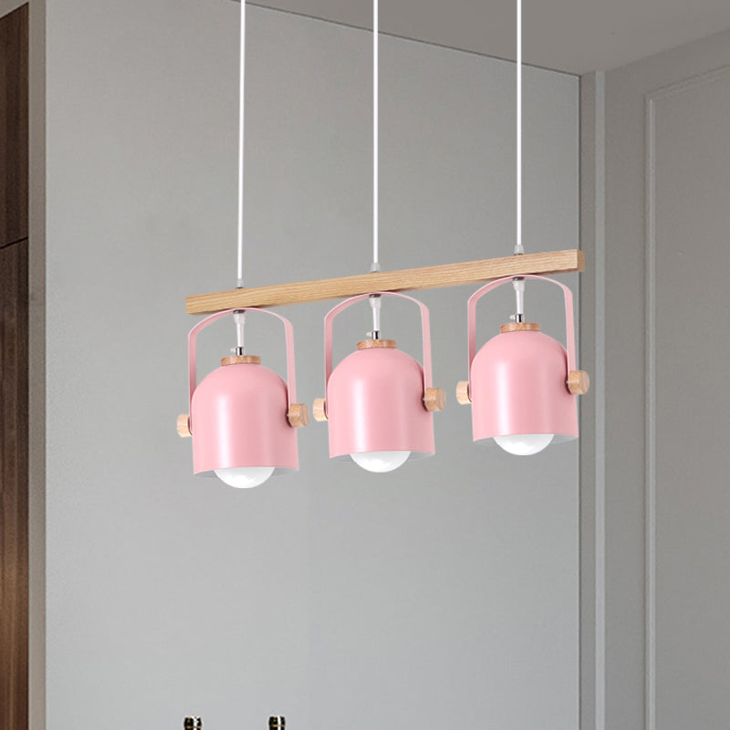 Nordic Style Dome Island Light 3/4 Lights Wooden Chandelier Lighting with Metal Shade 3 Pink Clearhalo 'Ceiling Lights' 'Island Lights' Lighting' 1872882