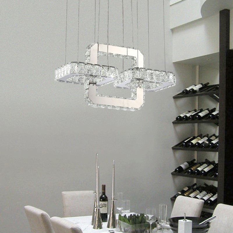 Chrome Round/Square Pendant Chandelier Modern Crystal Accent LED Pendant Light Fixture in White/Warm Light for Dining Room Chrome Square Clearhalo 'Ceiling Lights' 'Chandeliers' 'Modern Chandeliers' 'Modern' Lighting' 187333