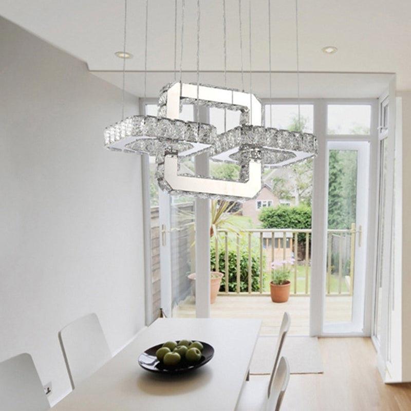 Chrome Round/Square Pendant Chandelier Modern Crystal Accent LED Pendant Light Fixture in White/Warm Light for Dining Room Clearhalo 'Ceiling Lights' 'Chandeliers' 'Modern Chandeliers' 'Modern' Lighting' 187334