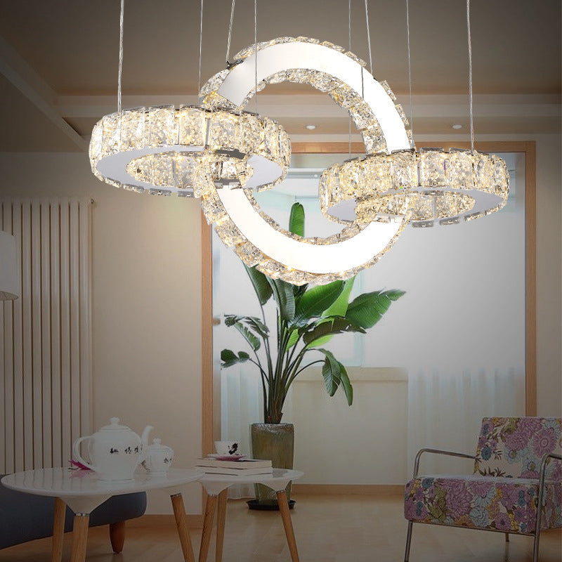 Chrome Round/Square Pendant Chandelier Modern Crystal Accent LED Pendant Light Fixture in White/Warm Light for Dining Room Chrome Warm Round Clearhalo 'Ceiling Lights' 'Chandeliers' 'Modern Chandeliers' 'Modern' Lighting' 187338